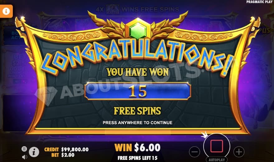 Intro to the bonus game where 15 free spins have been won.