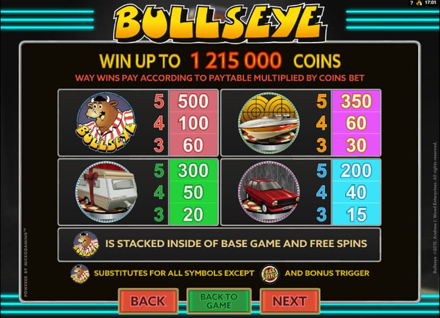 Bullseye slot paytable