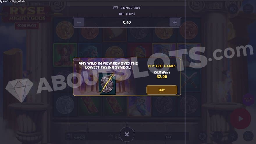 A menu offering the free spins for €32, which is 80X the bet of €0.4.