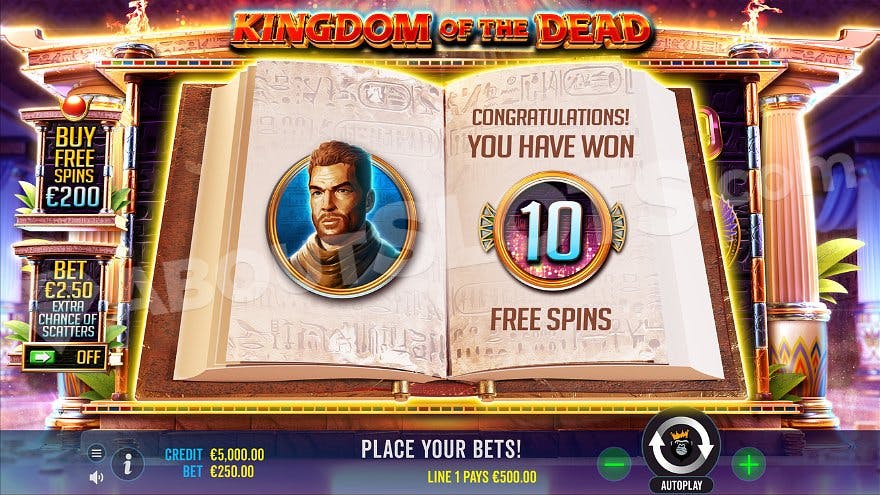 An open book saying "Congratulations, you have won 10 free spins."