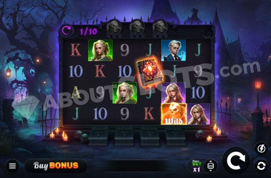 A six reel slot in front of a graveyard. 