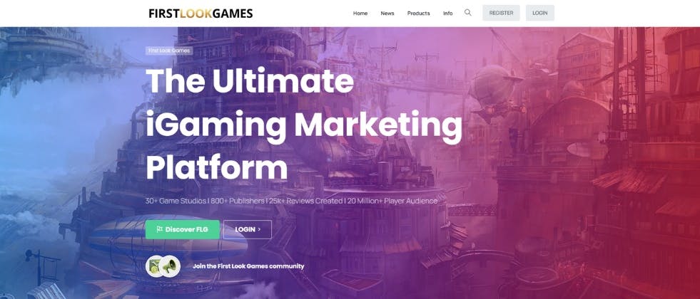 An image of First Look Games' homepage stating that it is "the ultimate iGaming marketing platform"