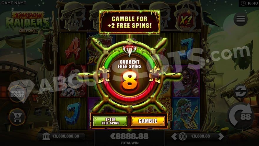 A gambling feature letting the player gamble 8 spins for the chance to win 2 more.