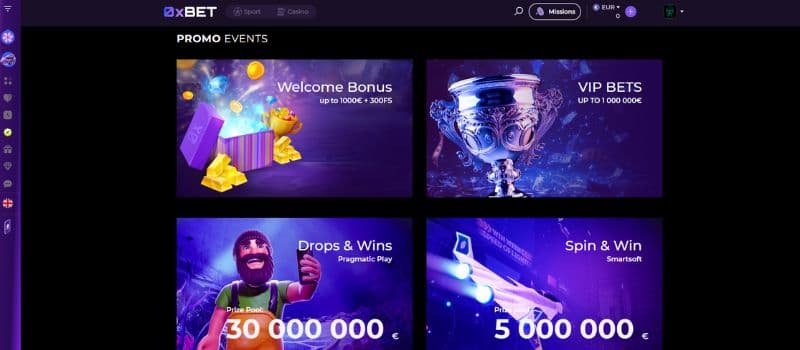 0x.bet Casino's bonuses page showcases various promotions, including a welcome bonus of up to €1000 and 300 free spins.