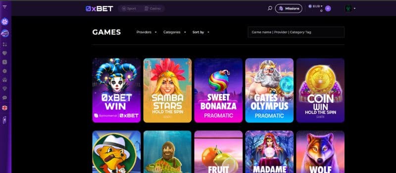 0x.bet Casino's game lobby displays a wide range of games categorized by provider and type, with options to sort and filter for easy navigation.