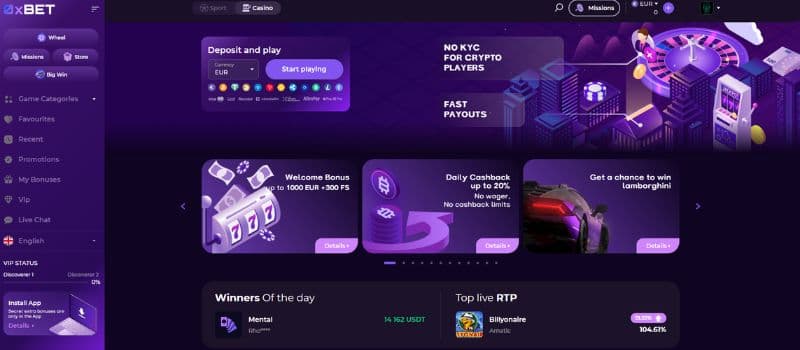 0x.bet Casino welcomes players with a vibrant homepage showcasing exciting promotions and a diverse game library.