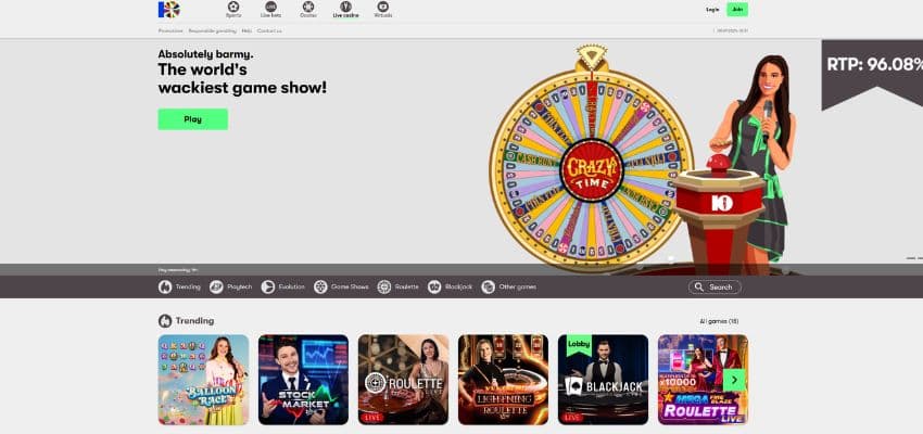 live dealer section at 10bet casino showing a promotional banner with a woman standing in front of a wheel, a buzzer and thumbnails of some games.