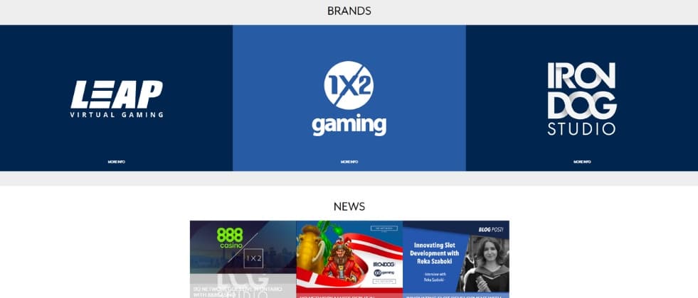 An image of 1X2's homepage, showcasing their 3 brands: LEAP, 1X2 Gaming, and Iron Dog Studio