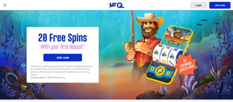 MrQ's main page. A fisherman is shown on the right and a welcome bonus banner on the left. on the left.