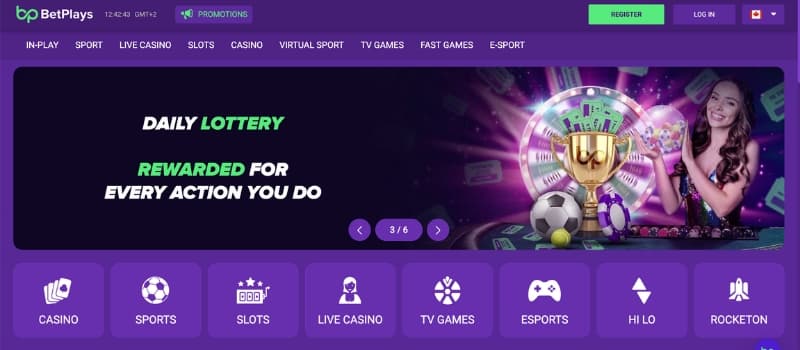 Homepage of Betplays with a banner about their daily lottery