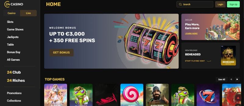 The login and sign up page for 24Casino where the welcome offer is on display.