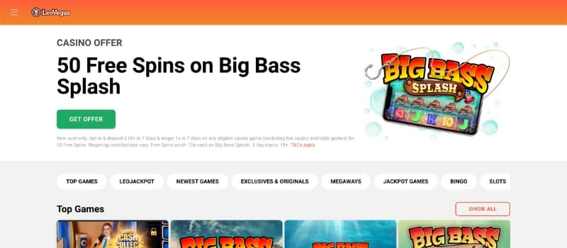 The Casino homepage features 50 free spins on the Big Bass Splash offer.