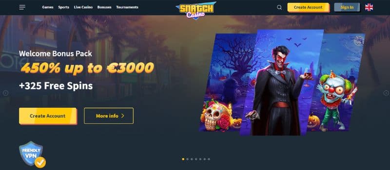 The main page for Snatch Casino with the welcome offer of 450% up to 3,000 EUR on display with a vampire figure beside it.