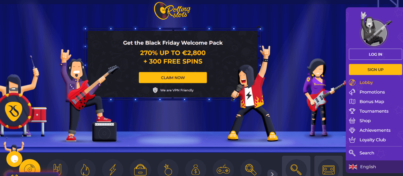 This is the landing page for Rolling Slots, where the first deposit bonus offers 100% up to 1,000 EUR + 100 free spins.