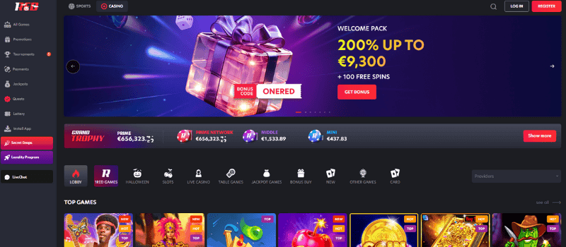 1Red Casino Homepage with featured bonuses, games, and login/registration options on a dark background