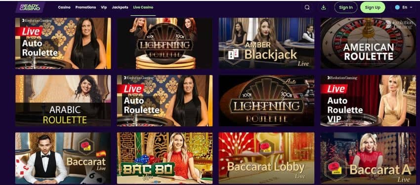 ReadyCasino live dealer games section showing thumbnails of some titles and animated images of dealers