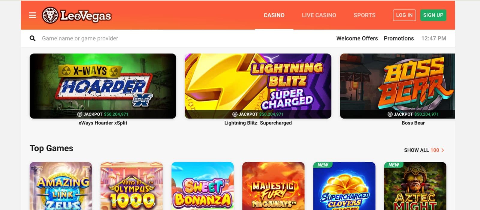 Game page with illustrations of a selection of slots available on LeoVegas