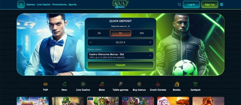 homepage of allspins casino