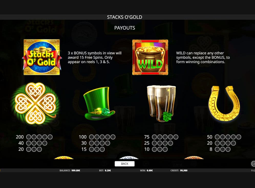 Stacks o’ Gold slot paytable