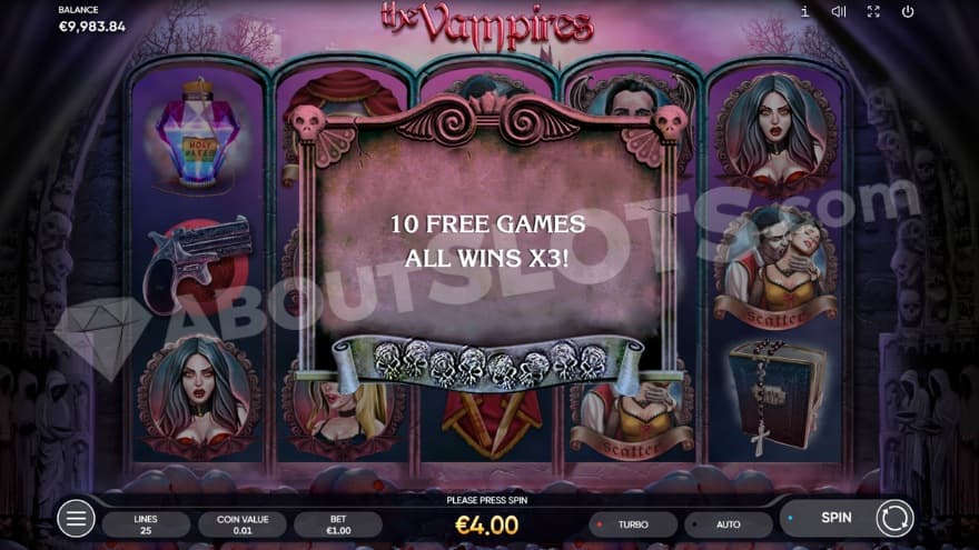 An image of the screen when you enter Free Spins, stating "10 free games all wins x3"