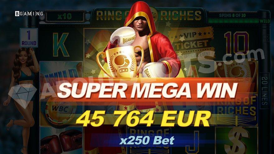 A fighter in a red robe with the text "Super Mega Win 45 764 EUR.""