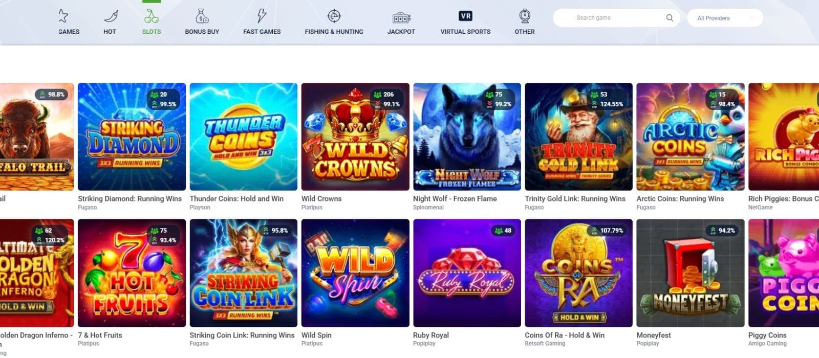  The games page of 20bet Casino displays a variety of slot games, such as Striking Diamond, Thunder Coins, and more.