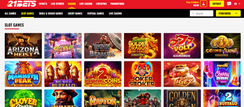  The casino games section at 21 Bets Casino features slots, table games, and live casino options.