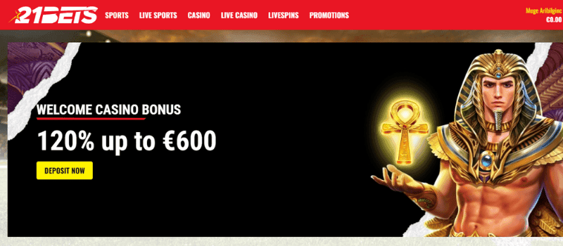 21 Bets Casino's homepage showcases a banner with the current casino and sportsbook promotions.