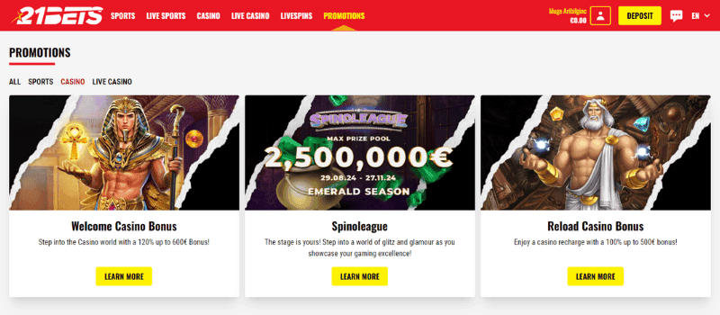 21 Bets Casino bonuses section with various welcome offers, reload bonuses, and tournaments.