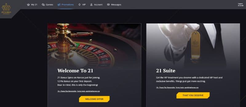 The promotions page of 21Casino showcases the welcome bonus, and the VIP Club called 21 Suite.