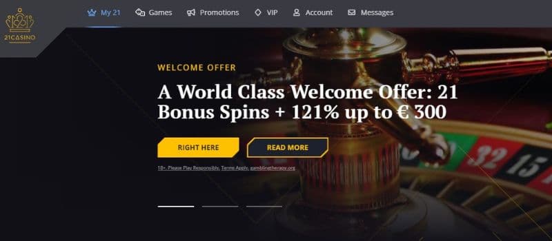 A banner with a roulette table background describes the welcome offer of 21 bonus spins and a 121% bonus of up to 300 €.