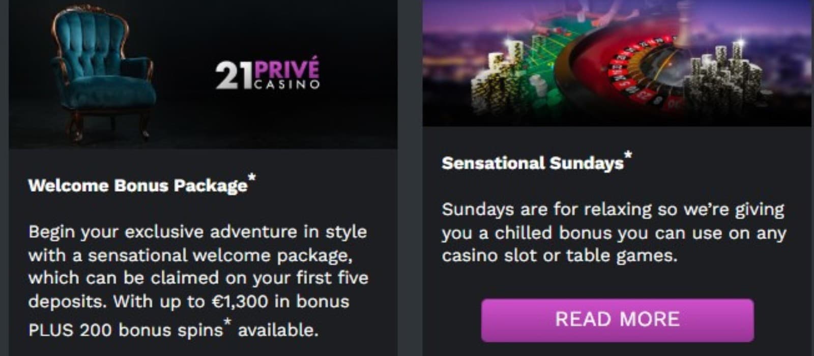 The promotions page of 21Prive Casino showcases the welcome package and Sensational Sundays offer.