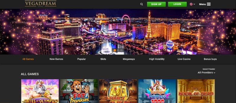 The login and sign up page for VegaDream where Las Vegas is shown.