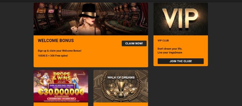 The promtion page for VegaDream where some of the offers, including their VIP Club is shown.