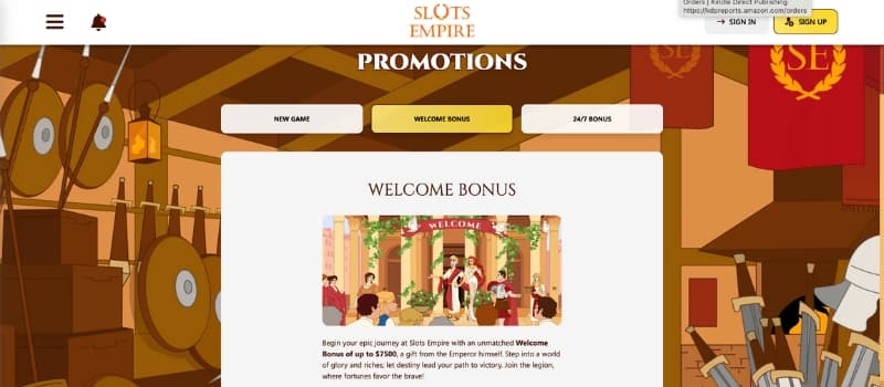 Slots Empire welcome bonus on a roman theme background