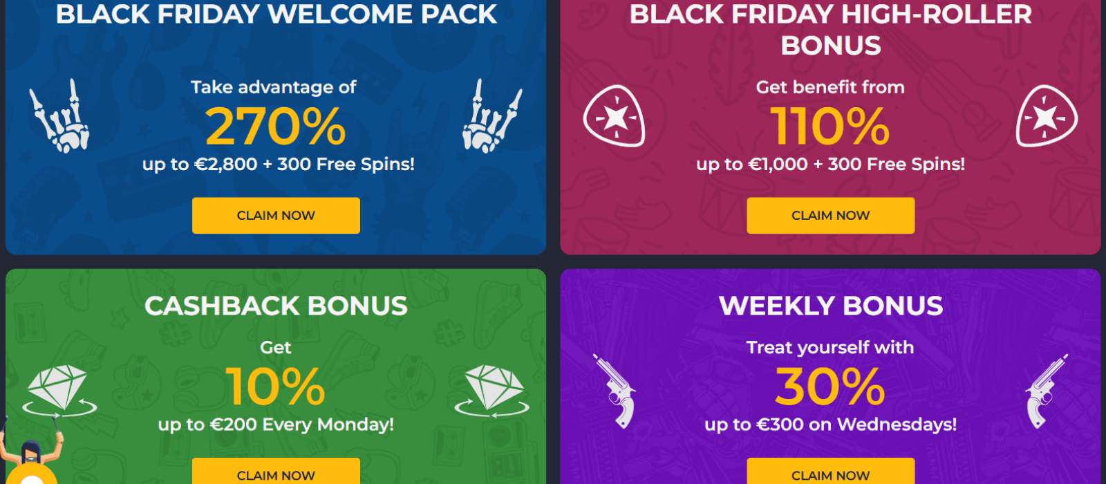 The promotion page at Rolling Slots offers several nice promotions, including a first deposit bonus of 100% up to 1,000 EUR + 100 free spins.