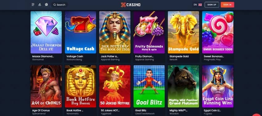 Slots game category at zen casino showing thumbnail of voltage cash, gola blitz and other slot titles ‍