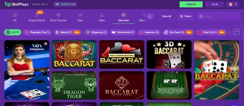 A list of table games and game providers available at Betplays