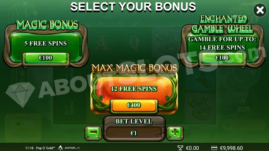 A menu allowing to buy 5 Free Spins for 100X the bet or 12 Free Spins for 400X the bet.