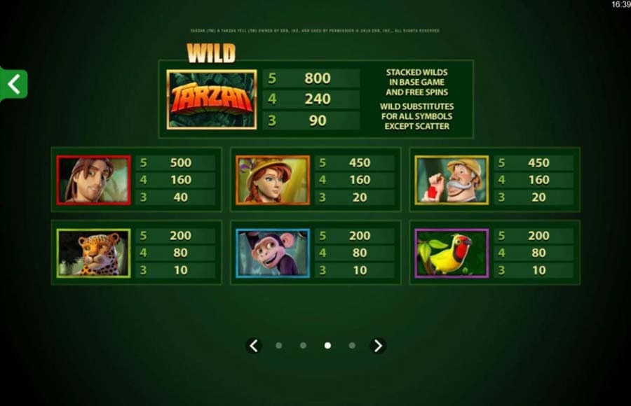 Tarzan slot paytable