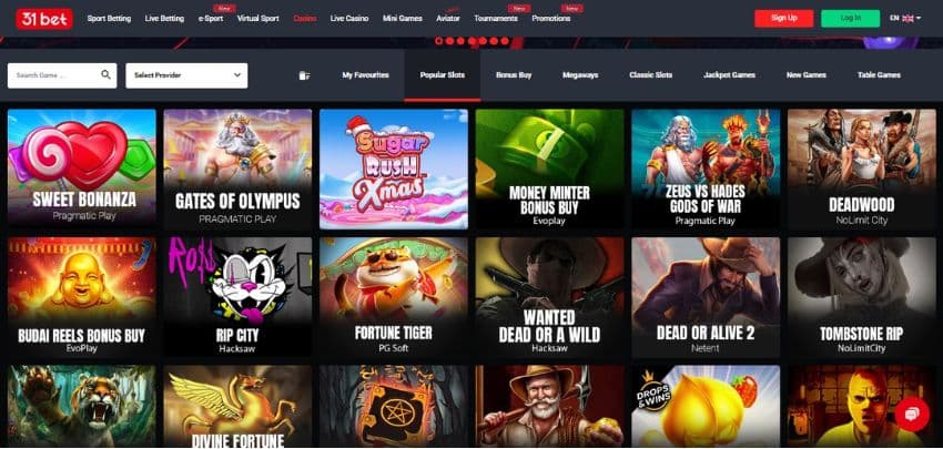 31bet Casino's slot games section, showing various titles, including Gates of Olympus and other exciting games.