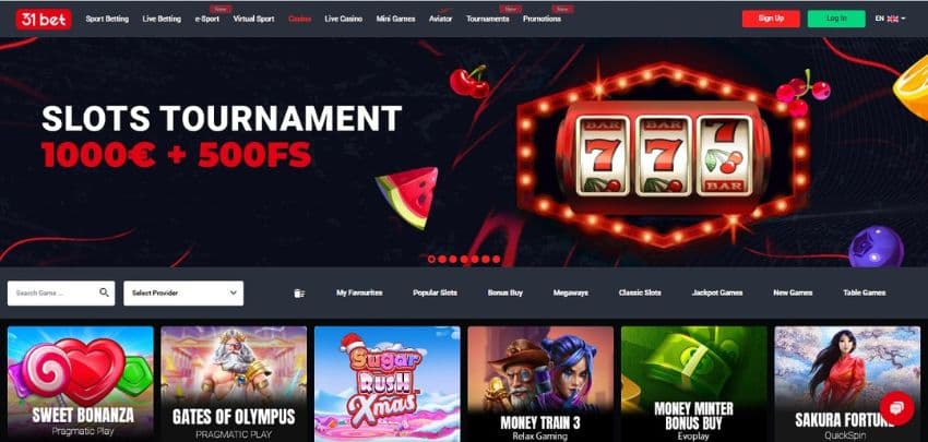 31bet Casino's homepage, showing the slot tournament worth €1,000 plus 500 free spins.