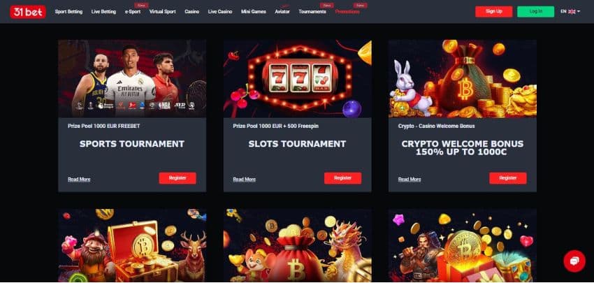 31bet Casino's promotions page, showing the Crypto Welcome Bonus and other offers.