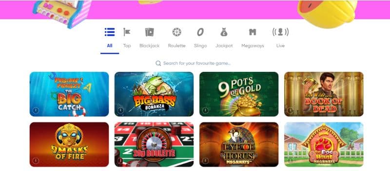 The game section for MrQ where different game thumbnails are shown with the menu on the top.