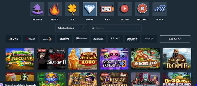 The gaming page for Snatch Casino with the menu at the top followed by thumbnails of games.