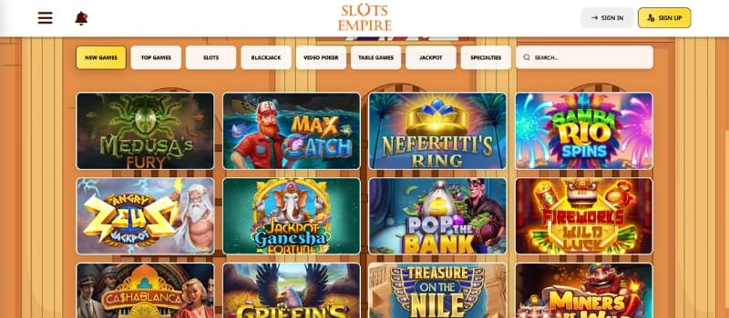 Slots Empire games: A diverse selection of casino games, including slots, table games, video poker, and many more.