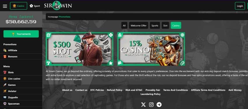 Sirwin promotion pages showing the slot and cashback bonuses thubnails