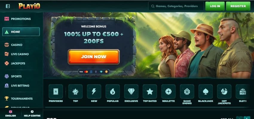 Playio Casino’s homepage, showing the €500 welcome bonus banner and excited game avatars.