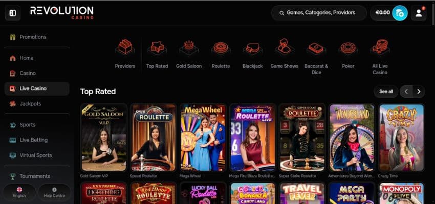 Page showing the available live games, such as roulette