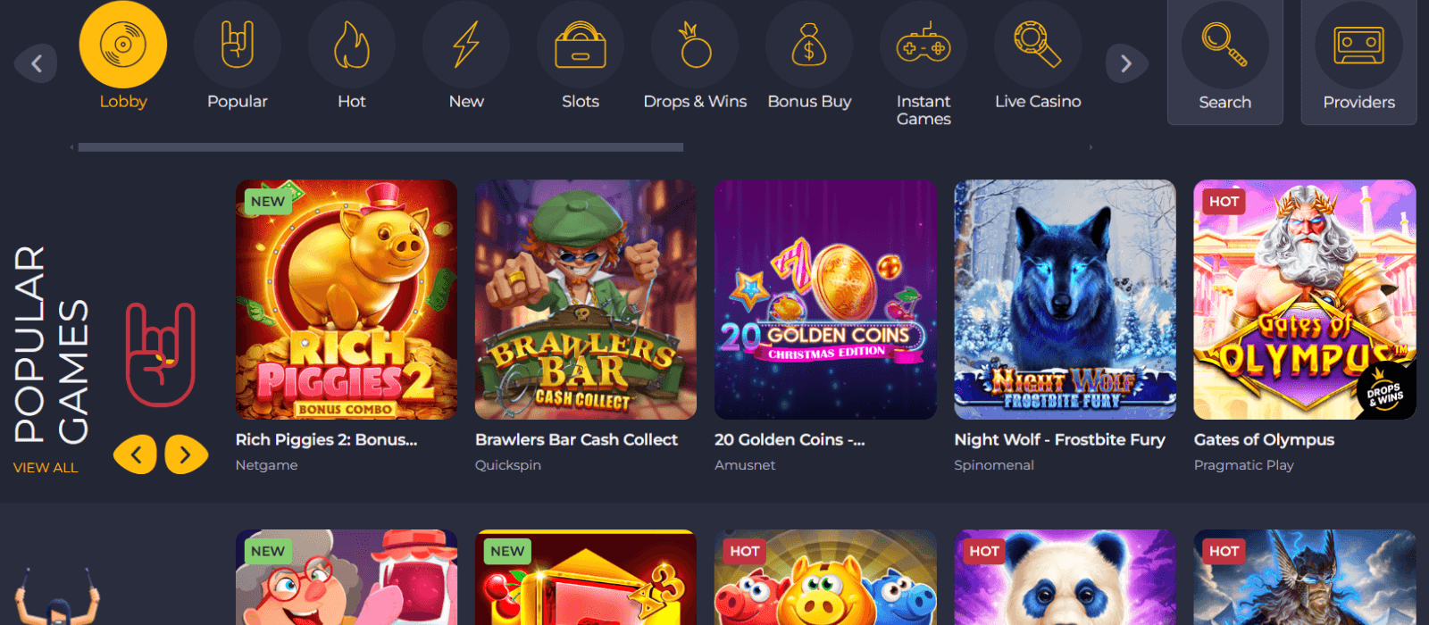 The gaming page at Rolling Slots has several popular titles like Night Wolf and Gates of Olympus.